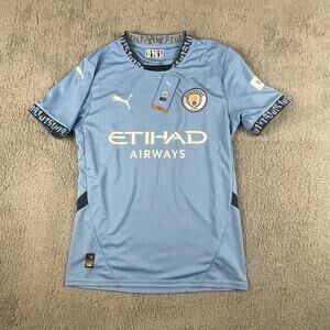 PUMA Men's Small Blue MCFC Polyester Elastane Crew Neck Short Sleeve Home Jersey